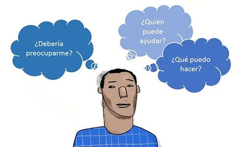 An illustration of a man with thought bubbles reading "should I be worried?" in Spanish.