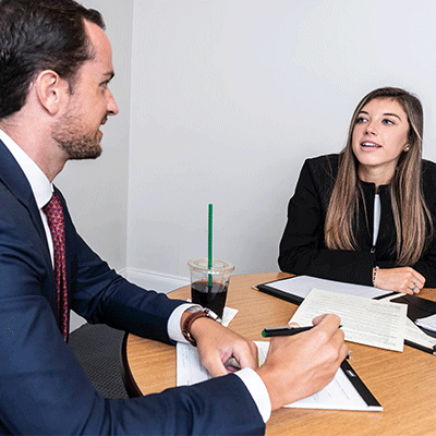 Photo of BC student connecting with alum