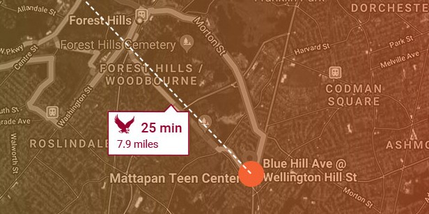 Route from Boston College to the Mattapan Teen Center