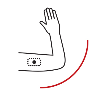 Graphic: arm with elbow down and hand up, with bandage on upper arm