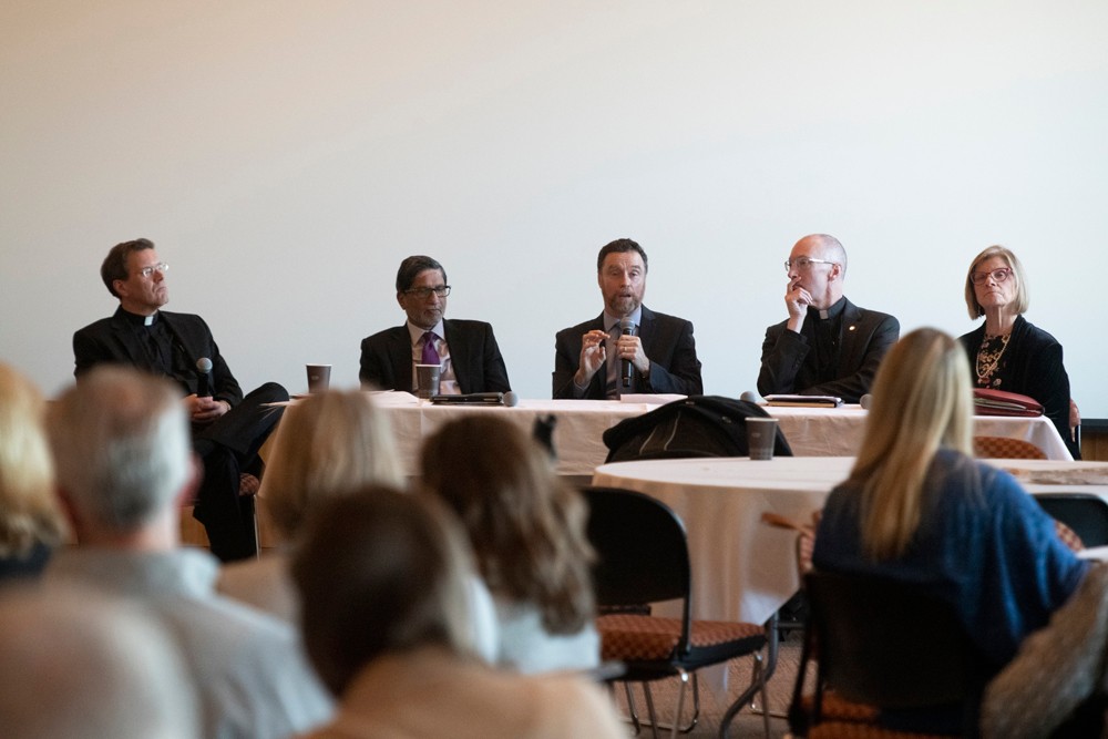 Photo of Gregory Kalscheur, S.J., dean, Morrissey College and Graduate School of Arts and Sciences; Gautam Yadama, dean, School of Social Work; Stanton Wortham, dean, Lynch School of Education and Human Development; Thomas Stegman, S.J., dean School of Theology and Ministry; Susan Gennaro, dean, Connell School of Nursing 