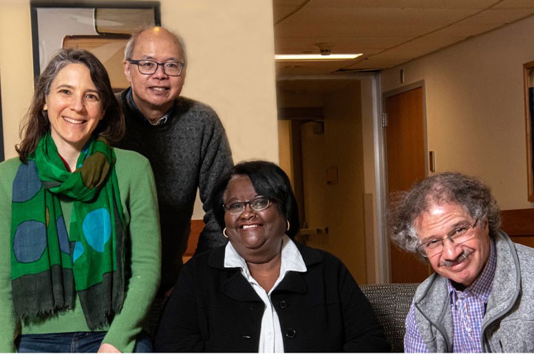 Photo of Juliana Belding, assistant professor of the practice of mathematics; C-K Cheung, associate professor; Lillie Albert, associate professor; Solomon Friedberg, professor and McIntyre Endowed Chair