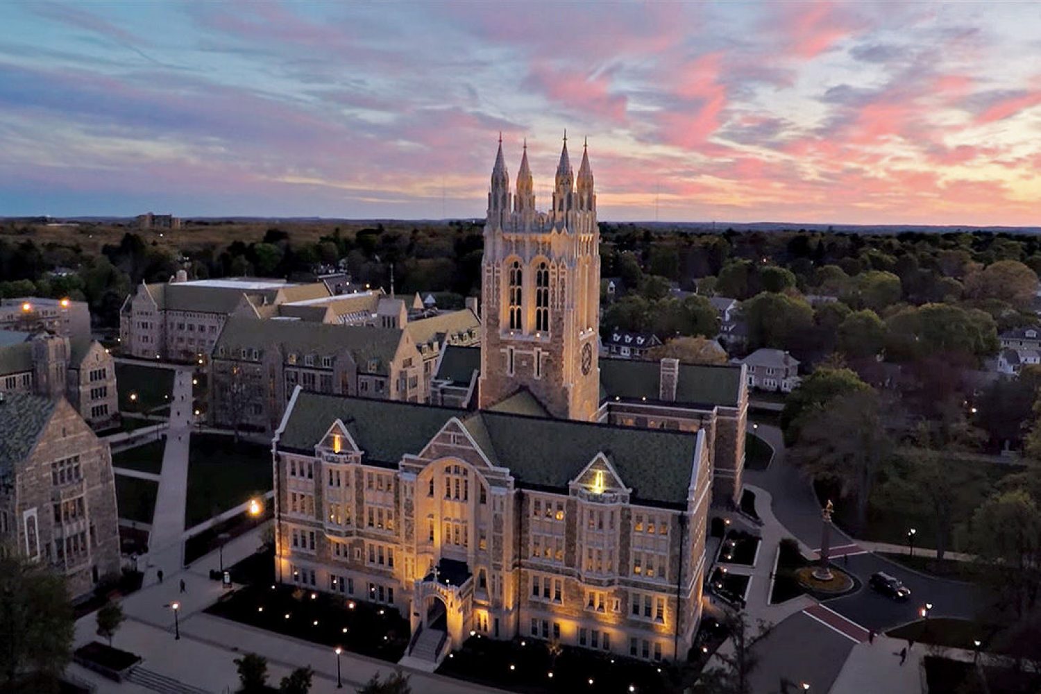 A sunset view of Gasson Hall, Boston College