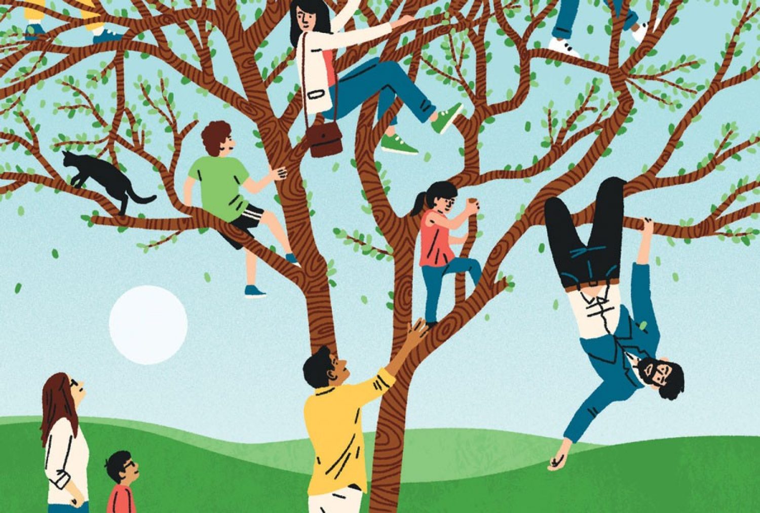 Illustration of kids and parents climbing a tree.