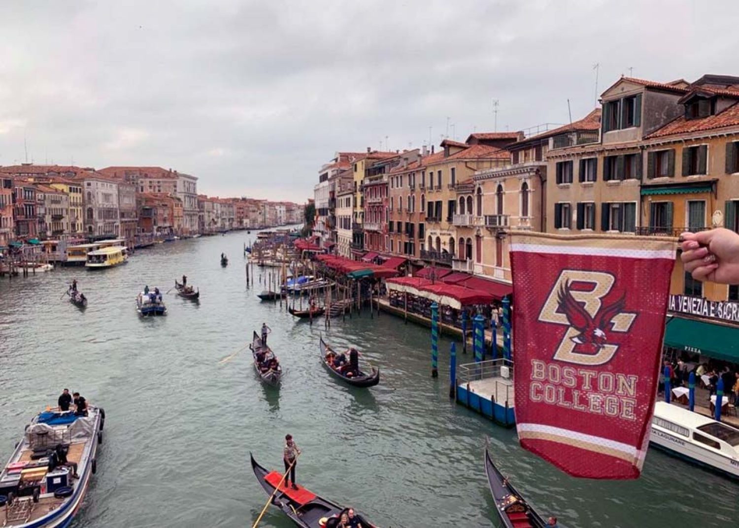 Photo of a BC banner hanging over the Grand Canal in Venice