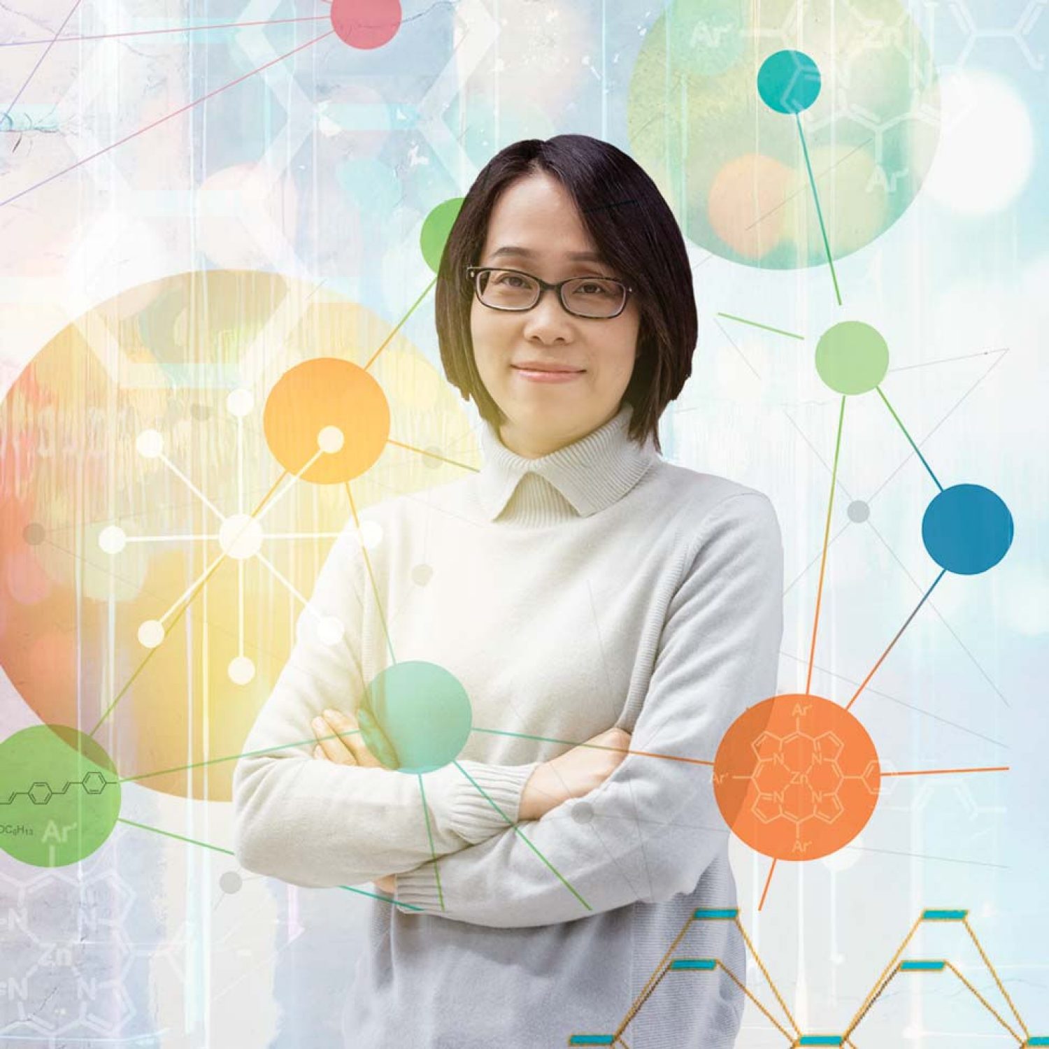 Photo-illustration of Jier Huang with multiple molecular structures around her