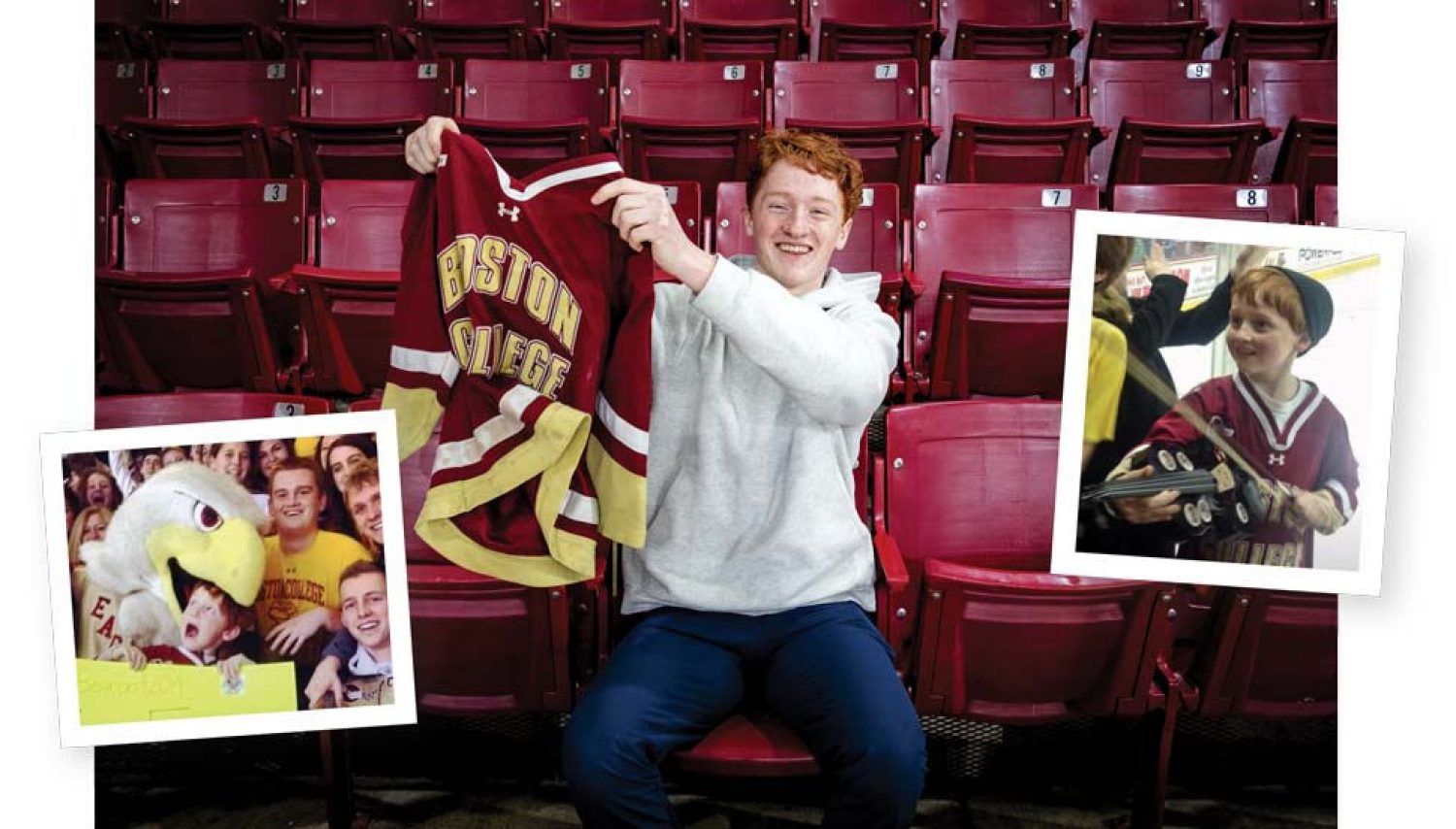 Danny Gillis with the BC hockey jersey from his youth with two photos of him at hockey games