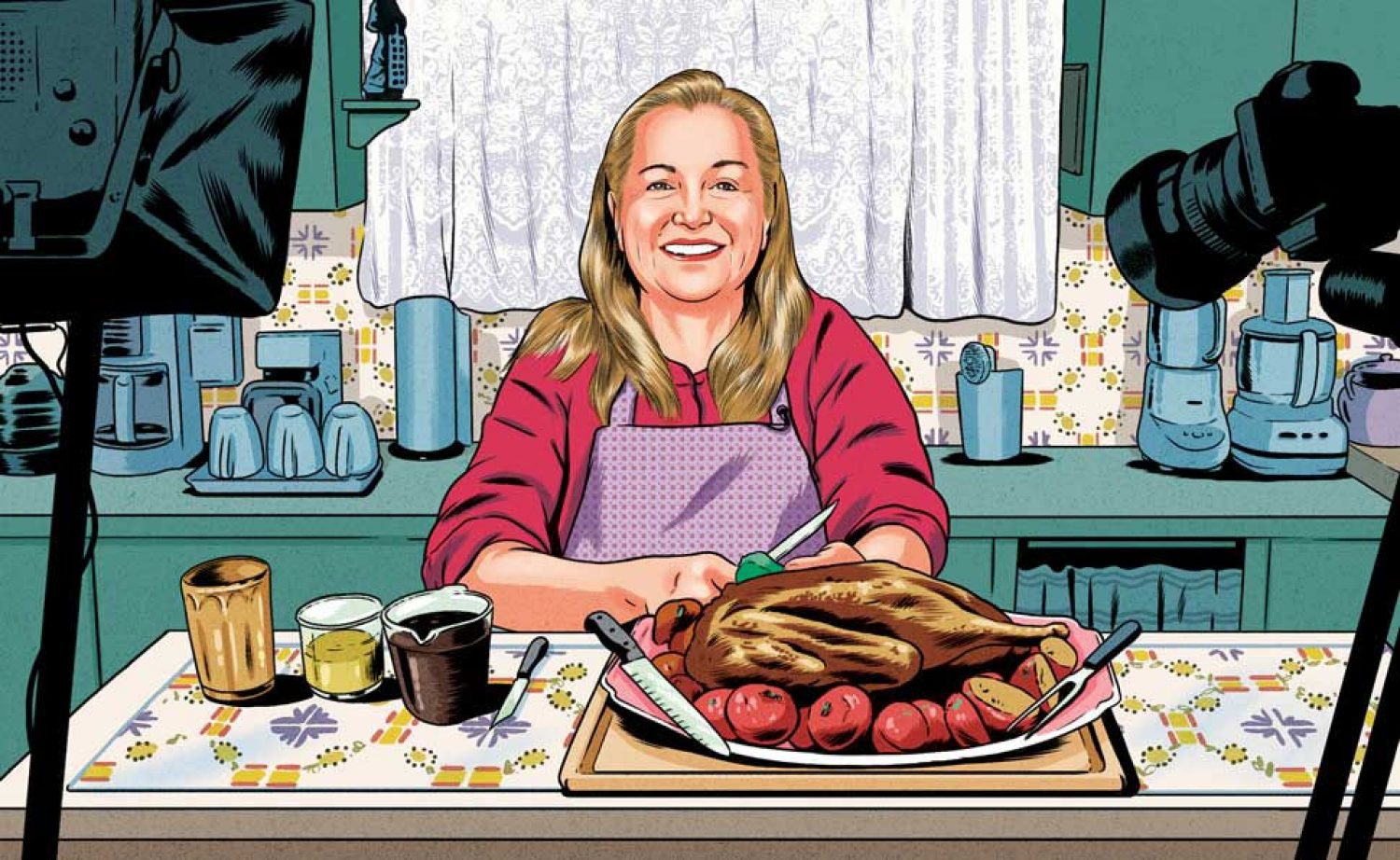 Illustration of Mary Shrader flanked by video equipment preparing a meal in her home kitchen.