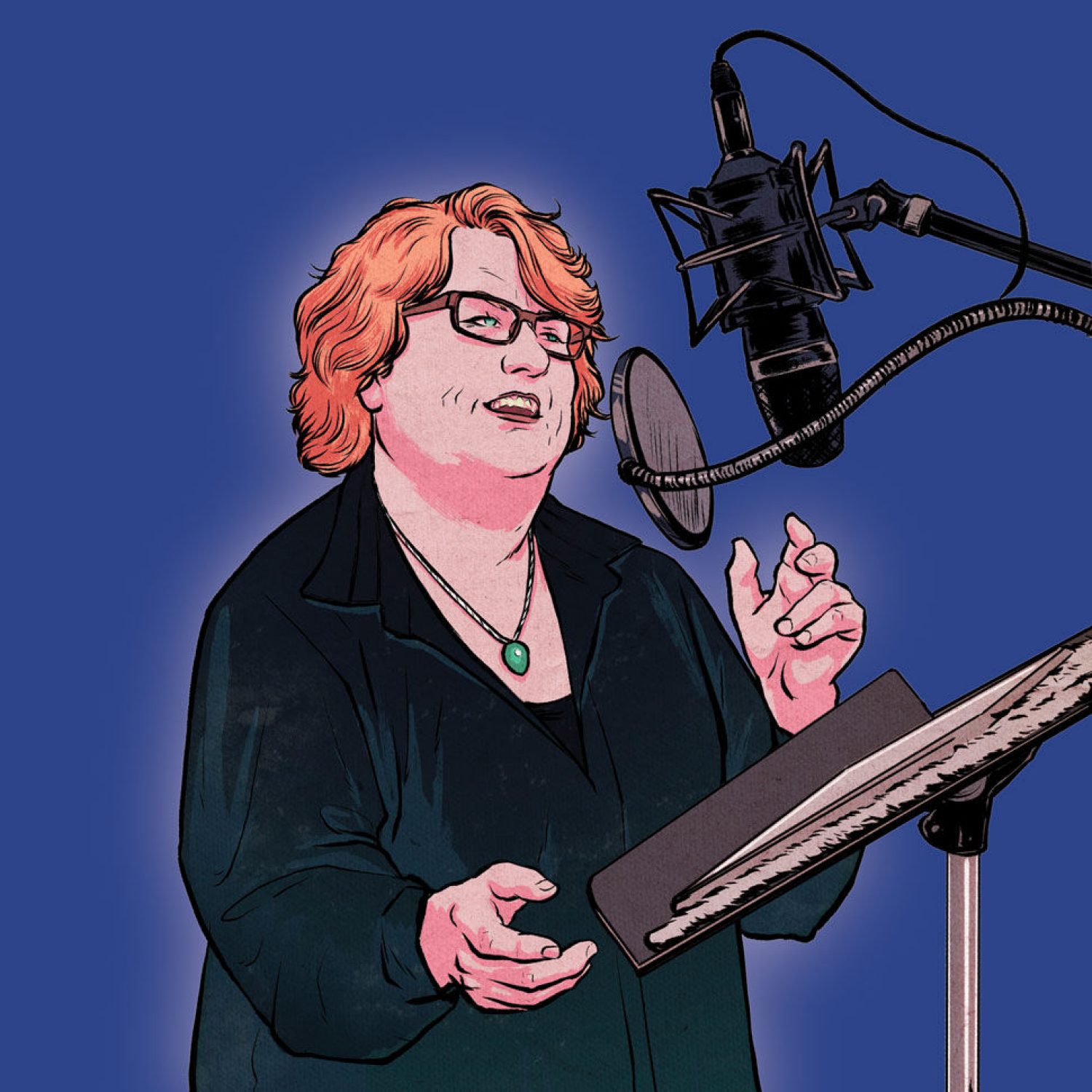 Illustration of Maile Flanagan speaking into a microphone..