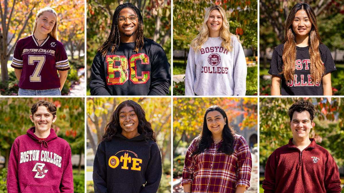 eight students wearing BC colors