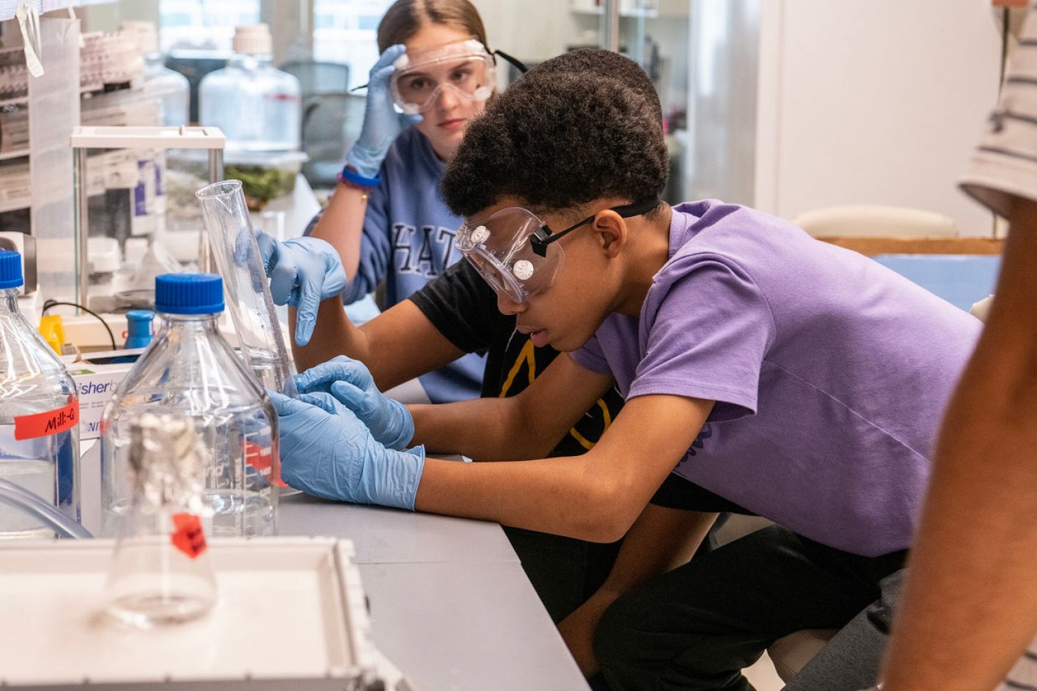 Participants in The Academy—a summer enrichment program for eighth and ninth graders run by Boston College’s Pine Manor Institute for Student Success—worked on an experiment at 245 Beacon Street.