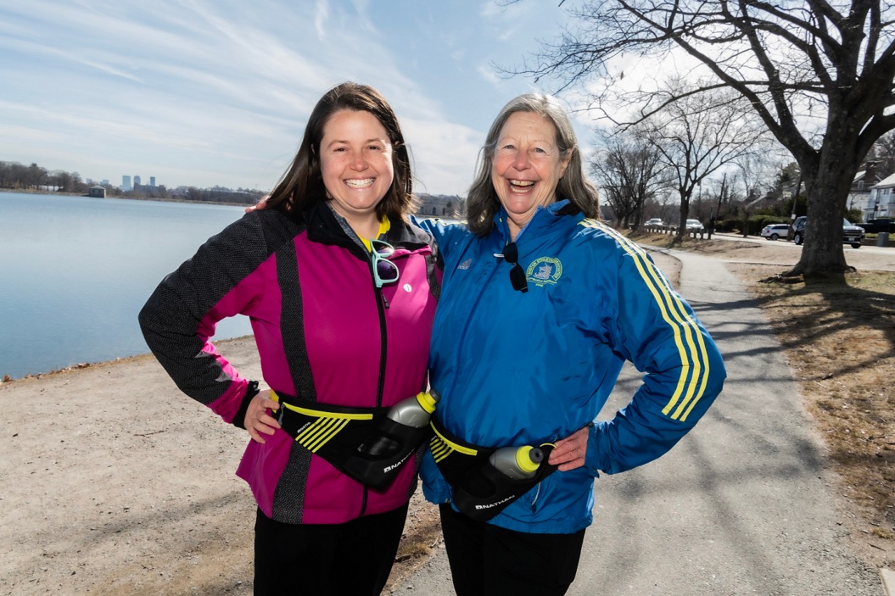 Photos of Ruth Anne and Mary (mother) McManus wearing running gear stretching at the bench by the Reservoir at the corner of Beacon St. and More Drive. And also photos of them both running along the Reservoir gravel path. Photographed for either the 4/27 or 5/11 issue of Chronicle.
* WRITER IS MEGHAN KEEFE *