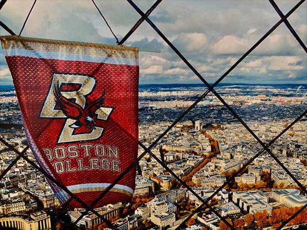 The BC banner in front of the view from the Eiffel Tower
