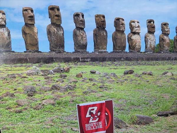 A BC banner in front of the Moai statues of Easter Island