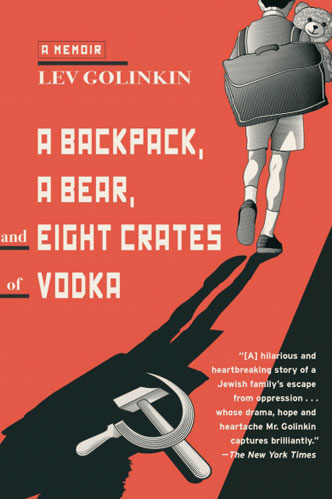 cover of a backpack, a bear and eight crates of vodka