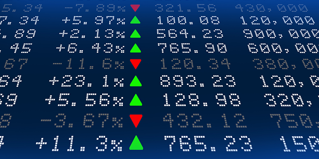 stock market numbers and arrows on a screen