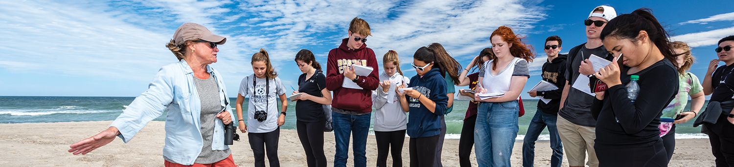 Teacher and students in class at beach