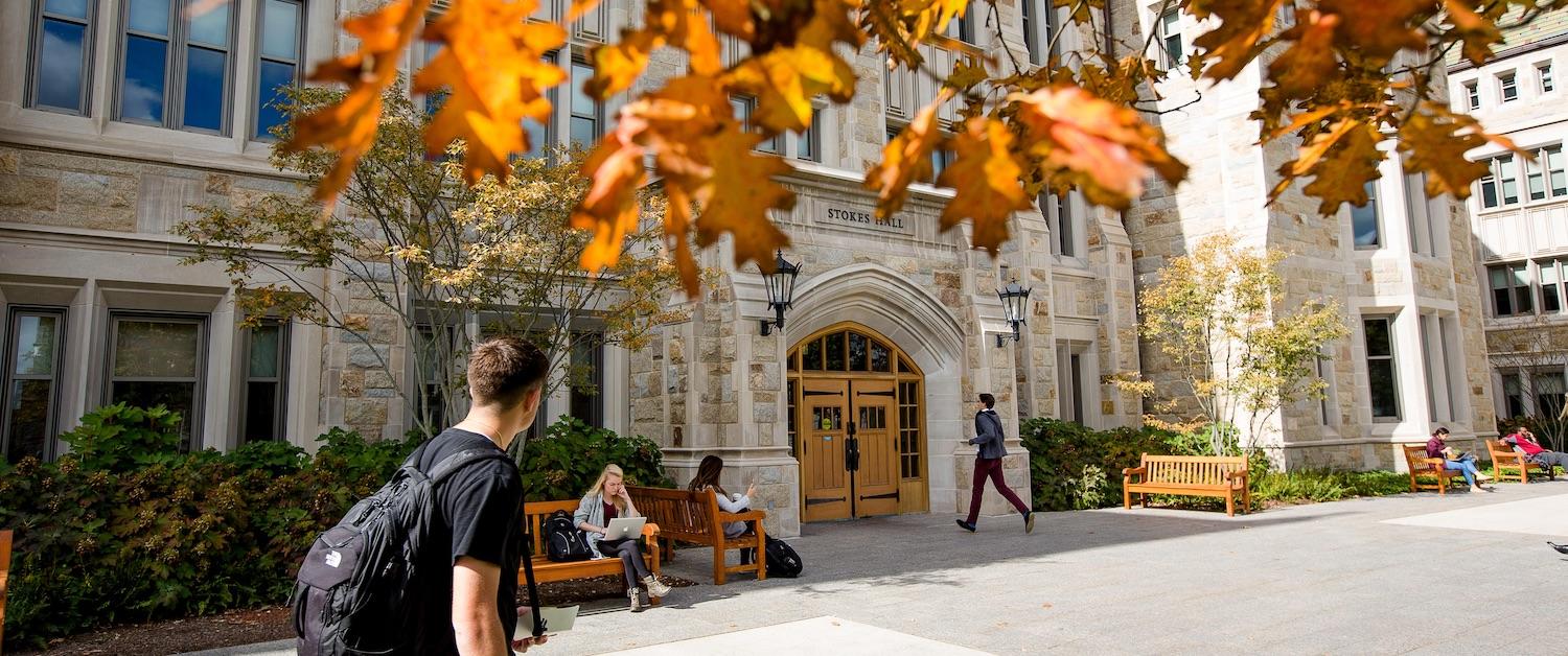 Stokes Hall, home of BC History, in autumn.