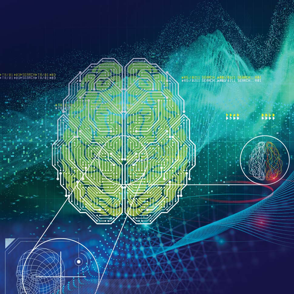  illustration of AI - a brain and computer grid