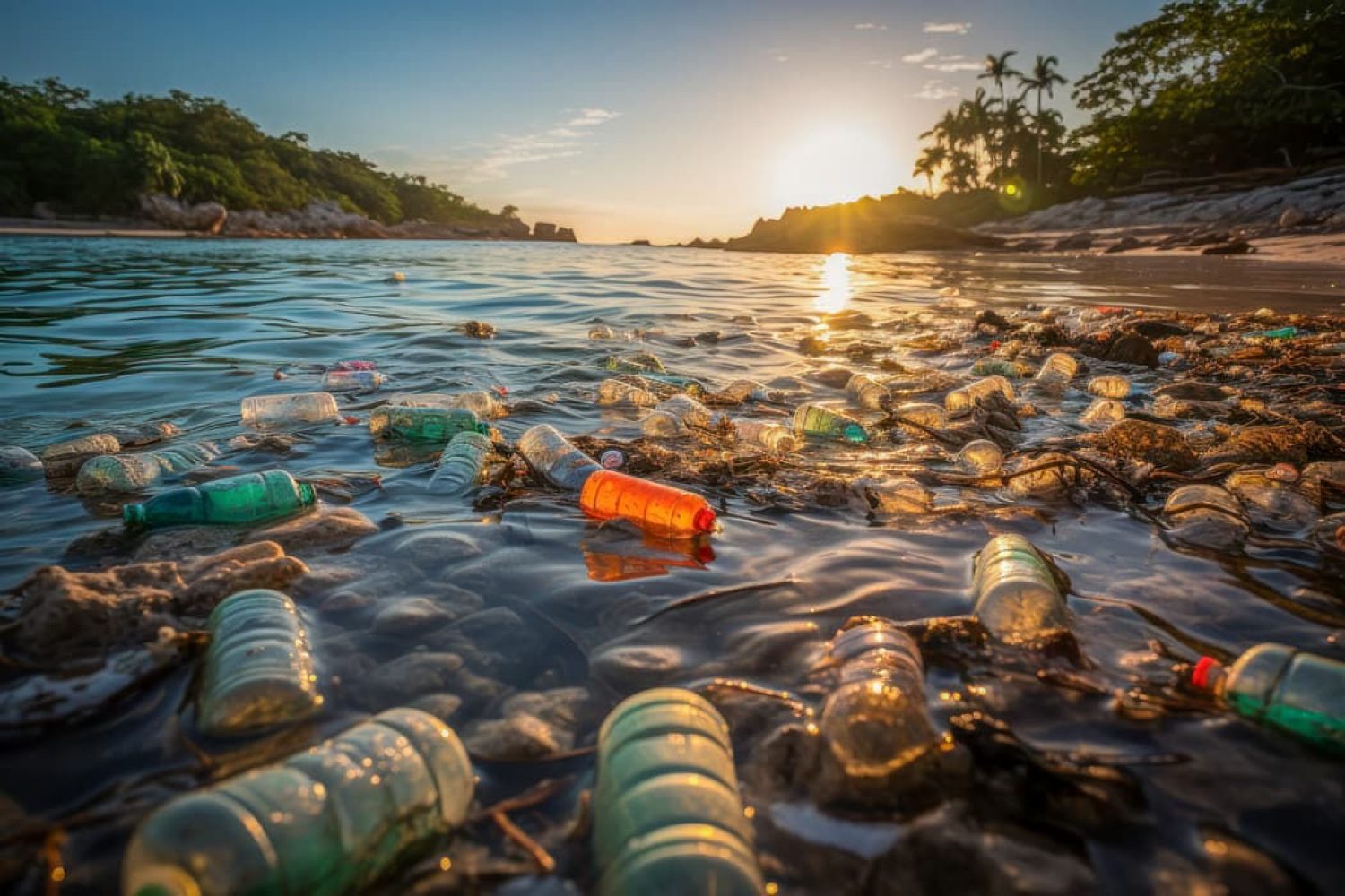 plastic water bottles floating on water