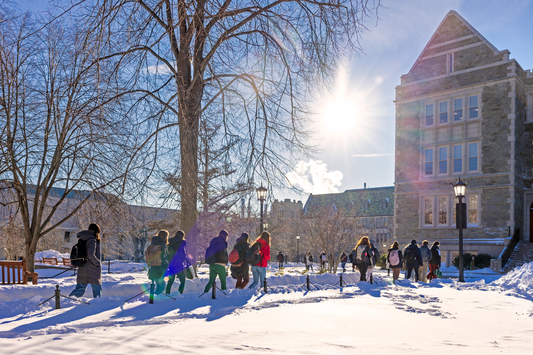 students on campus in winter